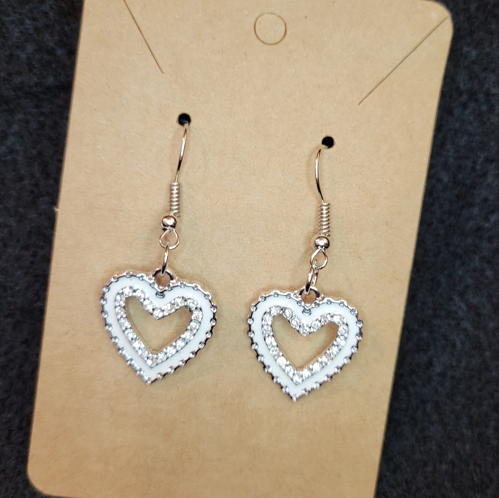 NWOT Silver and white heart earrings with rhinestones